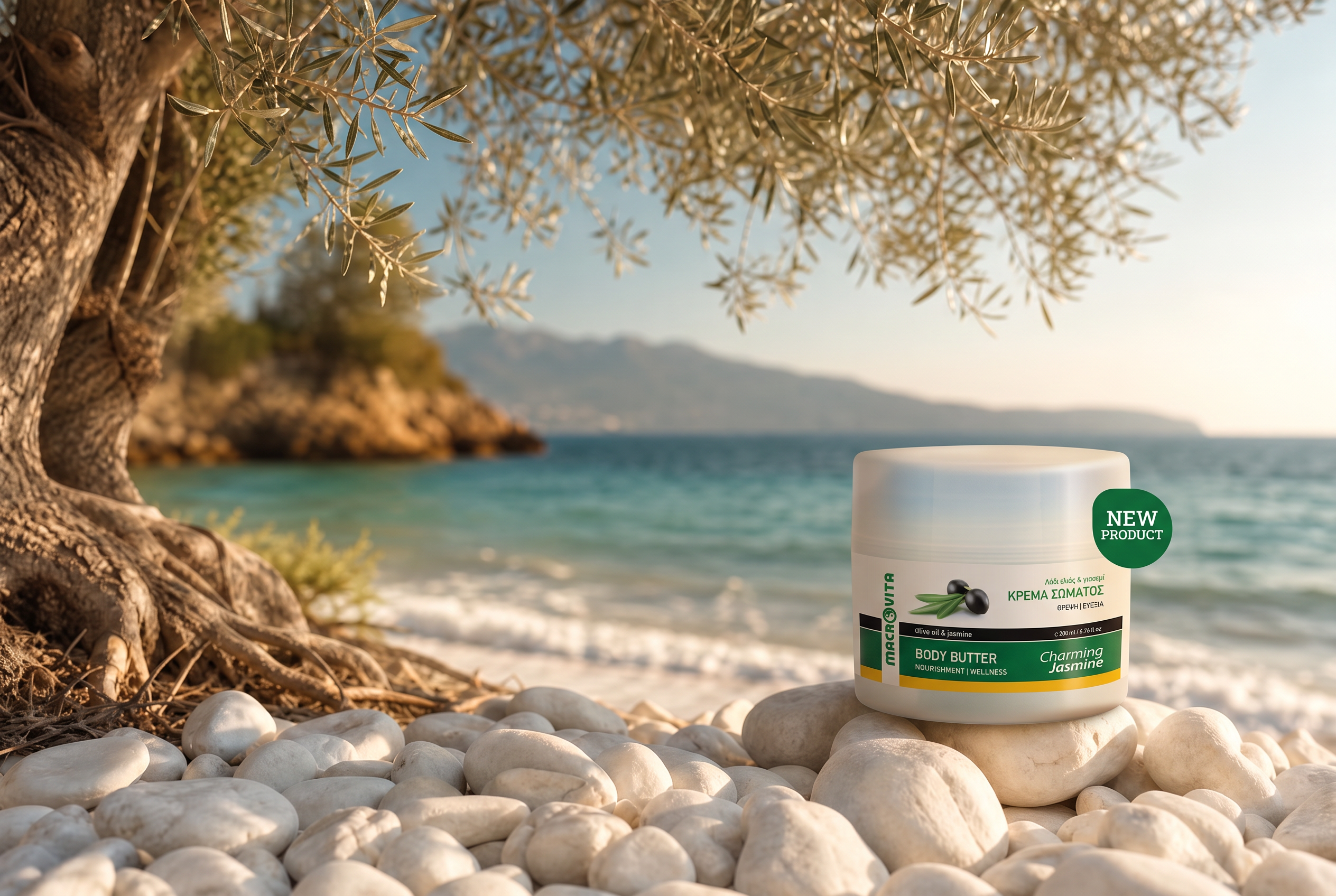 Macrovita buter za telo sa maslinovim uljem i jasminom na grčkoj plaži ispod stabla masline